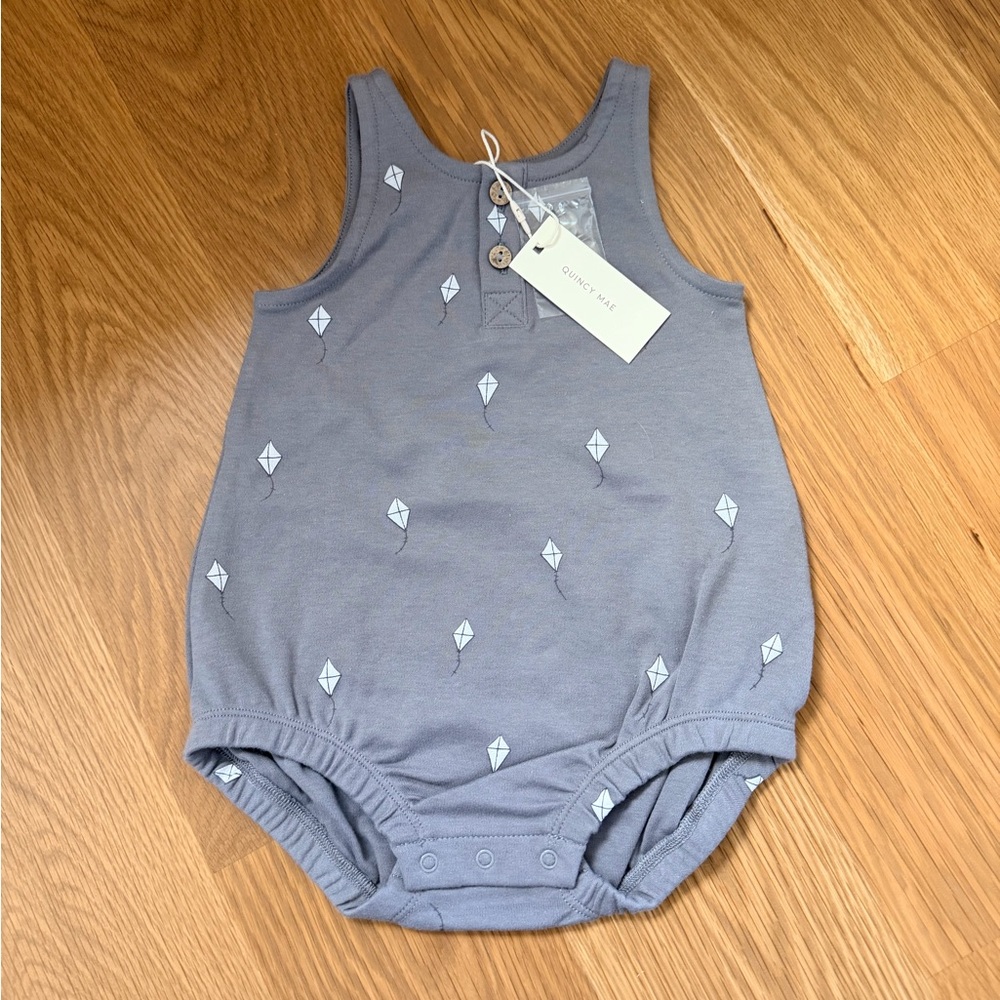 Quincy Mae Gray Blue Kite Print Baby Romper
